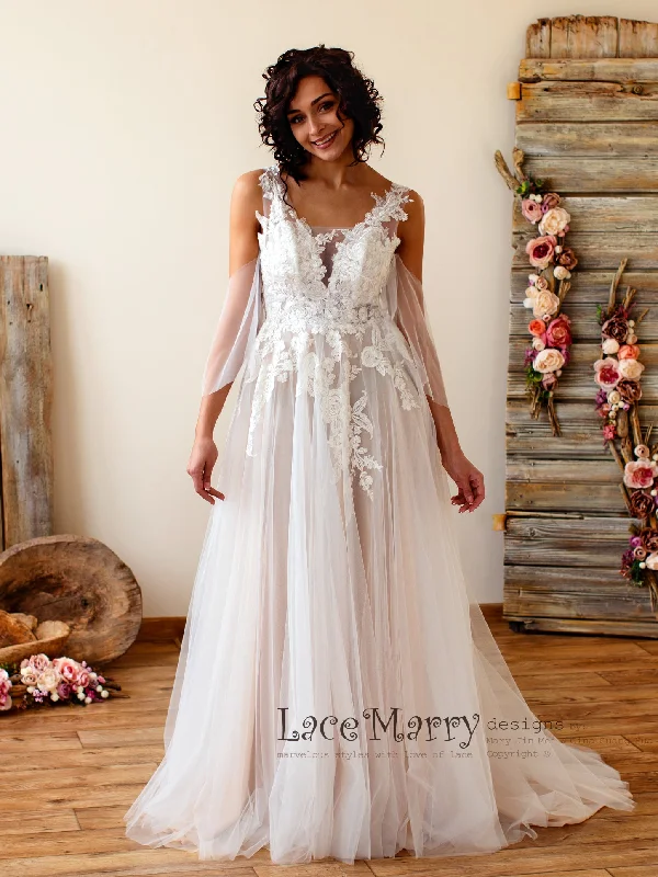 Champagne Boho Wedding Dress with Floral Lace Applique