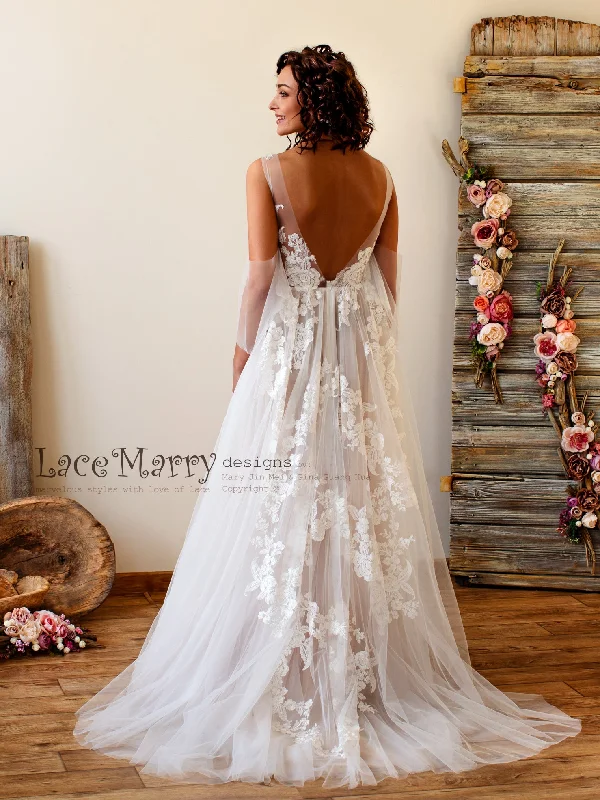 Champagne Boho Wedding Dress with Floral Lace Applique