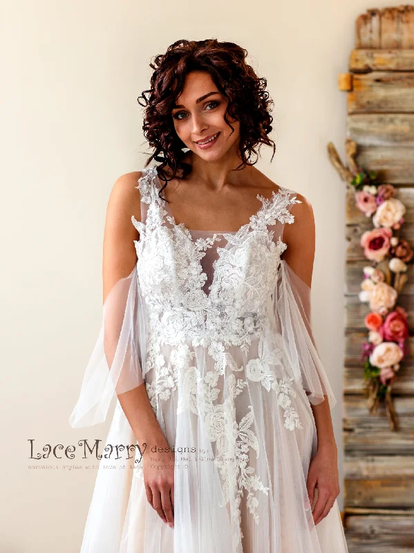 Champagne Boho Wedding Dress with Floral Lace Applique