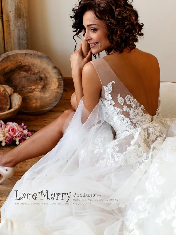 Champagne Boho Wedding Dress with Floral Lace Applique