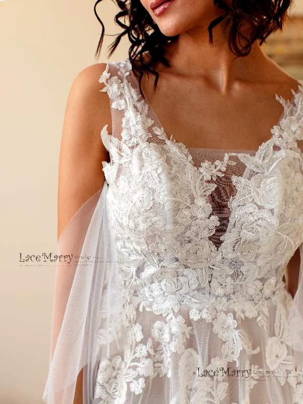 Champagne Boho Wedding Dress with Floral Lace Applique