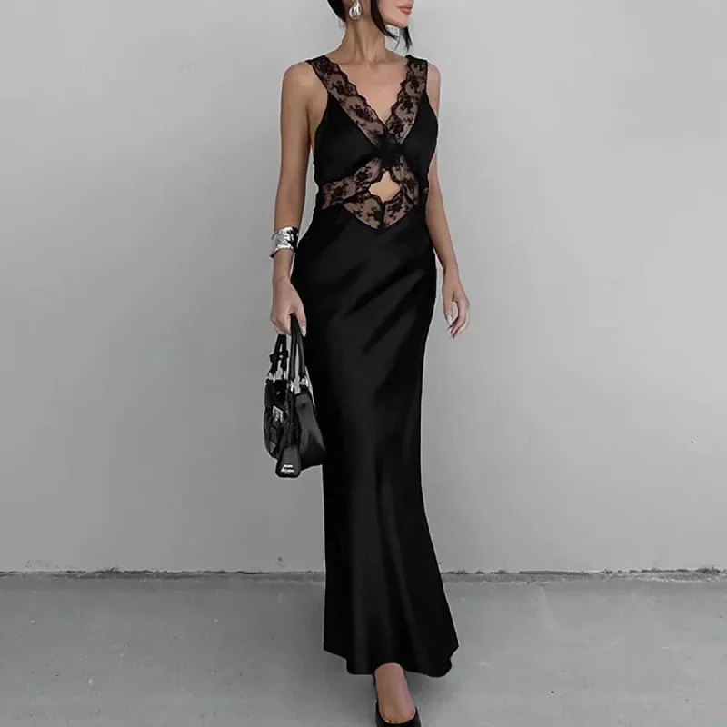 Lace Maxi Dresses For Women Deep V Neck Sexy High Waist Maxi Dress