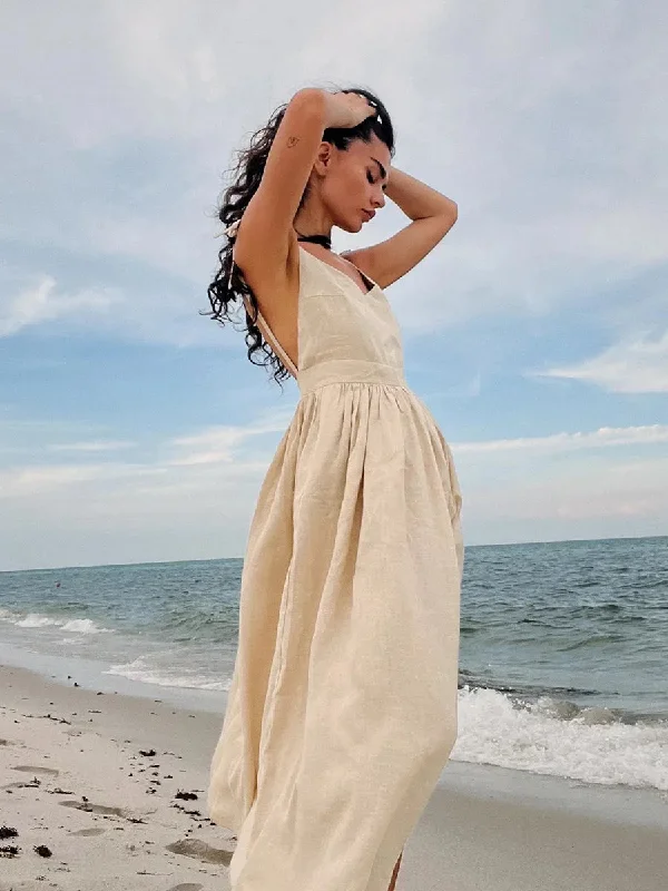 Sexy Backless Beach Dress Women V Neck Folds Maxi Dress