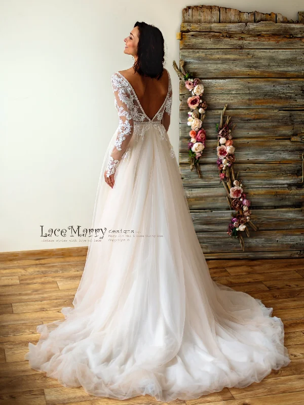 Deluxe Lace Wedding Dress in Nude Tulle and Ivory Applique