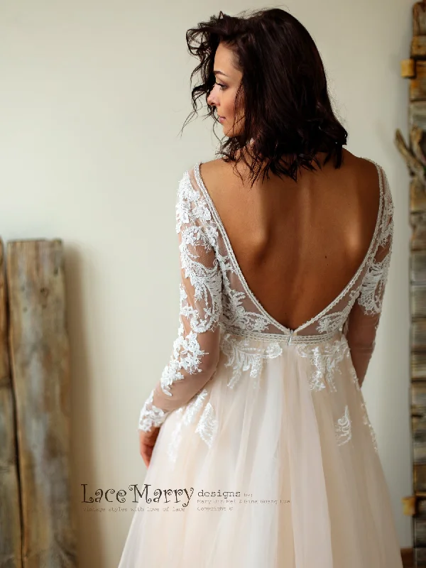 Deluxe Lace Wedding Dress in Nude Tulle and Ivory Applique