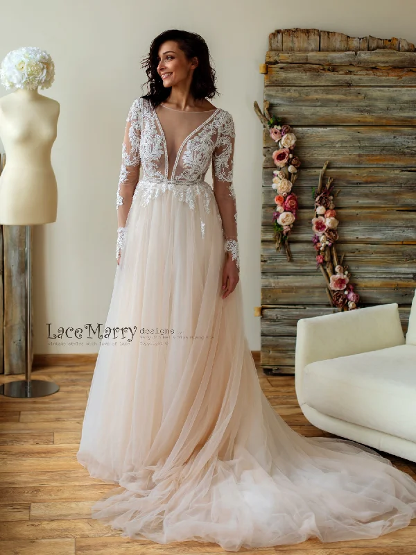 Deluxe Lace Wedding Dress in Nude Tulle and Ivory Applique