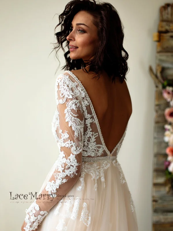 Deluxe Lace Wedding Dress in Nude Tulle and Ivory Applique