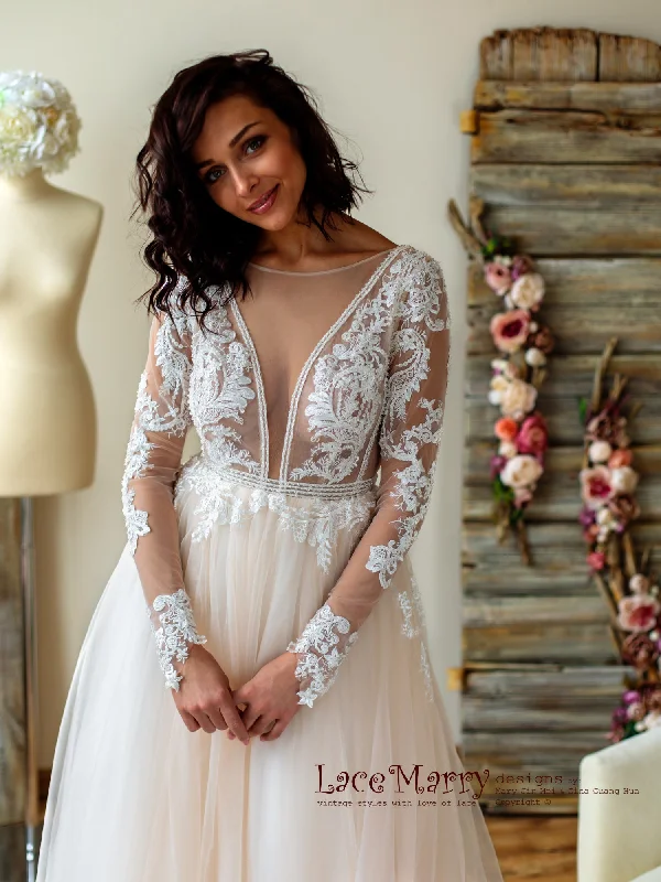 Deluxe Lace Wedding Dress in Nude Tulle and Ivory Applique