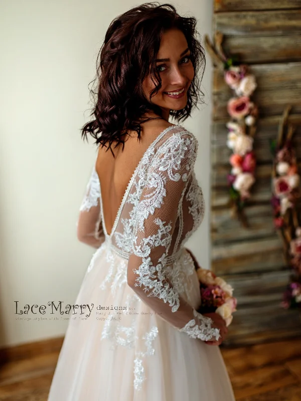 Deluxe Lace Wedding Dress in Nude Tulle and Ivory Applique