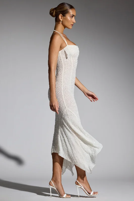 Embellished Handkerchief Hem Maxi Dress in White