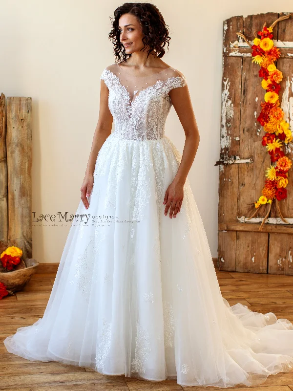 Embroidered Lace Wedding Dress with Illusion Cap Sleeves