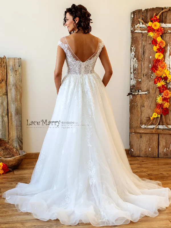 Embroidered Lace Wedding Dress with Illusion Cap Sleeves