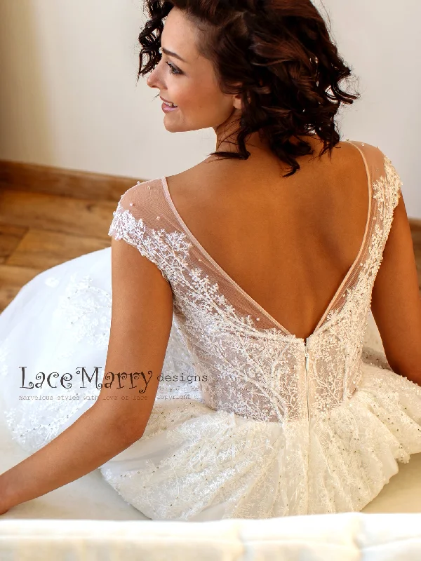 Embroidered Lace Wedding Dress with Illusion Cap Sleeves