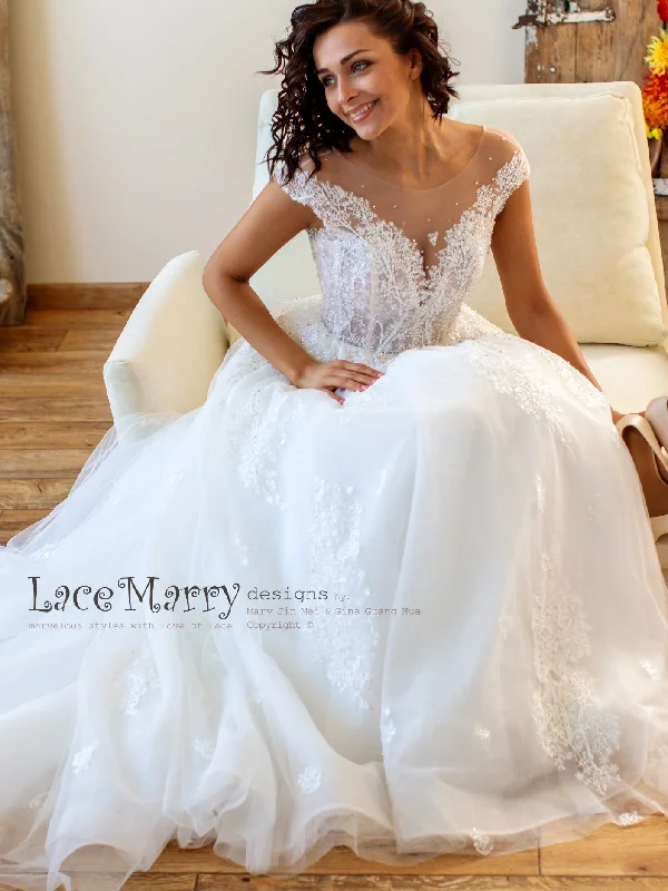 Embroidered Lace Wedding Dress with Illusion Cap Sleeves