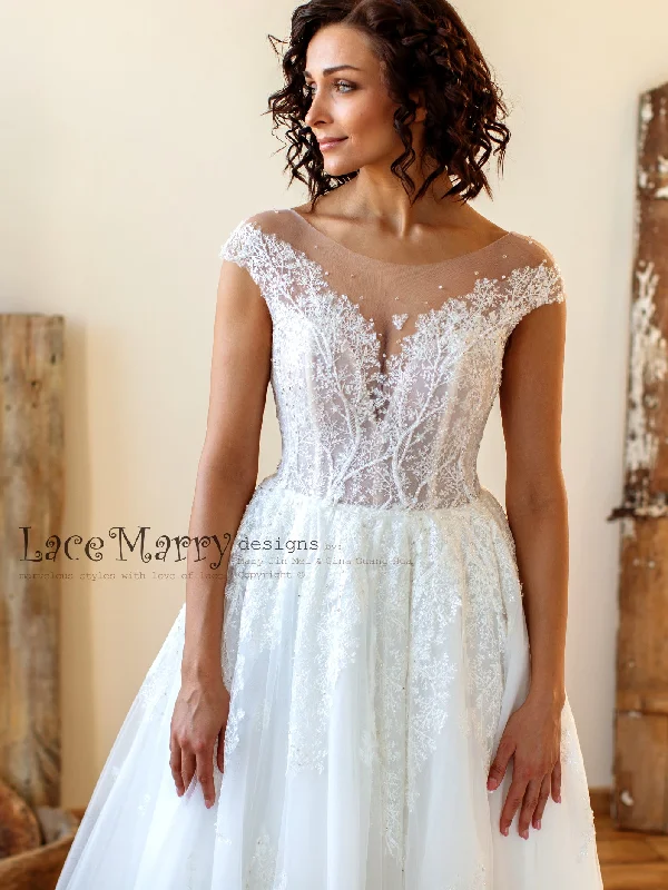 Embroidered Lace Wedding Dress with Illusion Cap Sleeves