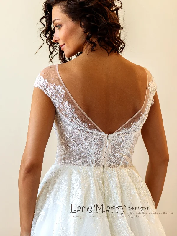 Embroidered Lace Wedding Dress with Illusion Cap Sleeves