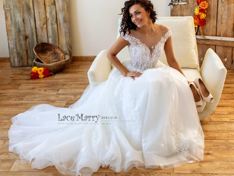 Embroidered Lace Wedding Dress with Illusion Cap Sleeves