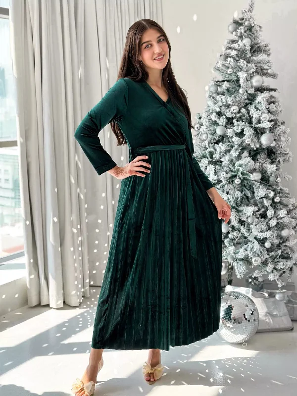 Promise - Emerald Green Velvet Long Dress (Pleated)