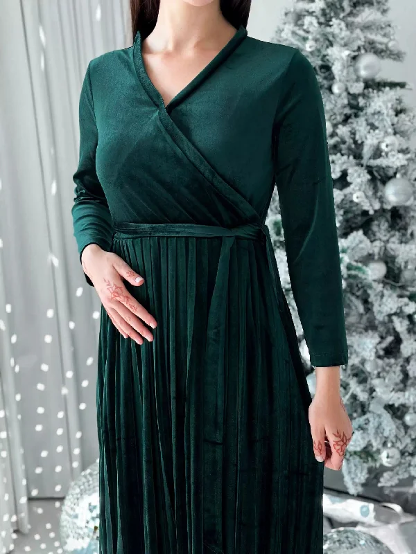 Promise - Emerald Green Velvet Long Dress (Pleated)