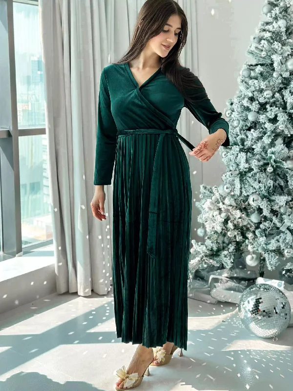 Promise - Emerald Green Velvet Long Dress (Pleated)