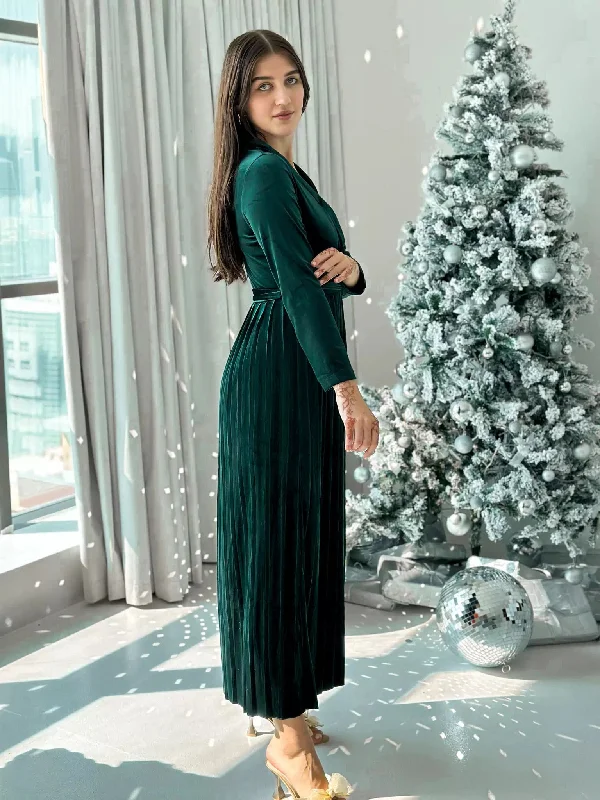 Promise - Emerald Green Velvet Long Dress (Pleated)