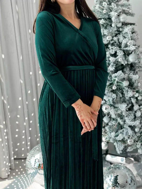 Promise - Emerald Green Velvet Long Dress (Pleated)