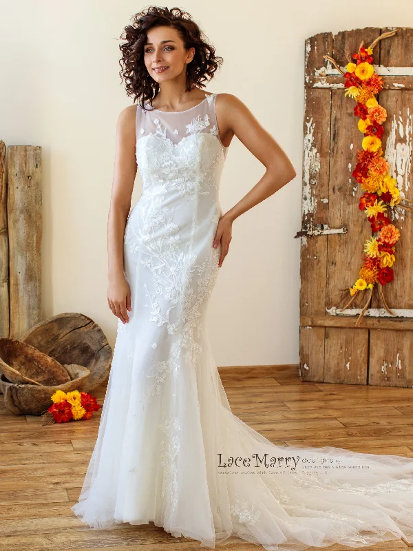 Fitted Lace Wedding Dress with Beaded Floral Appliques