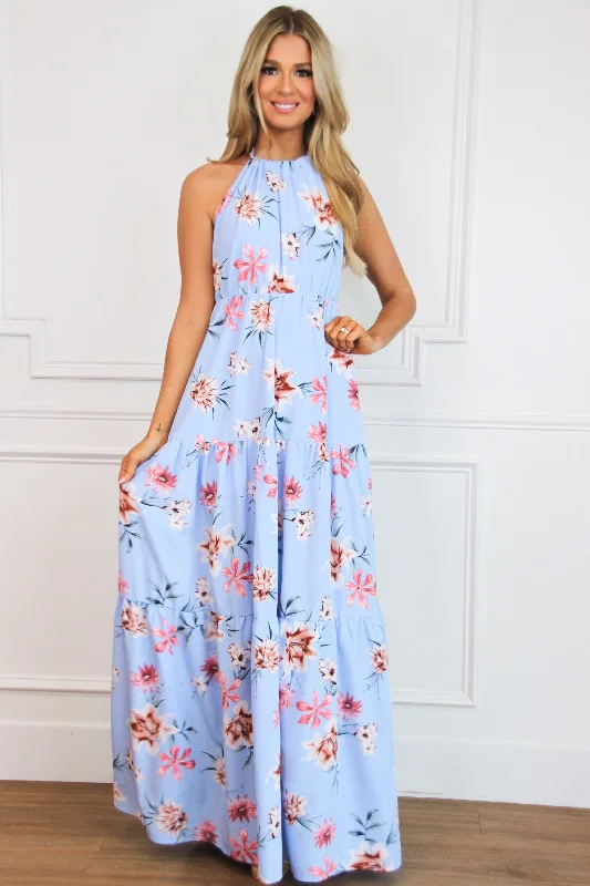 Giving Me Butterflies Floral Wrap Maxi Dress: Light Blue Multi