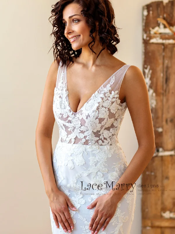 Illusion Boho Wedding Dress with Floral Lace Applique