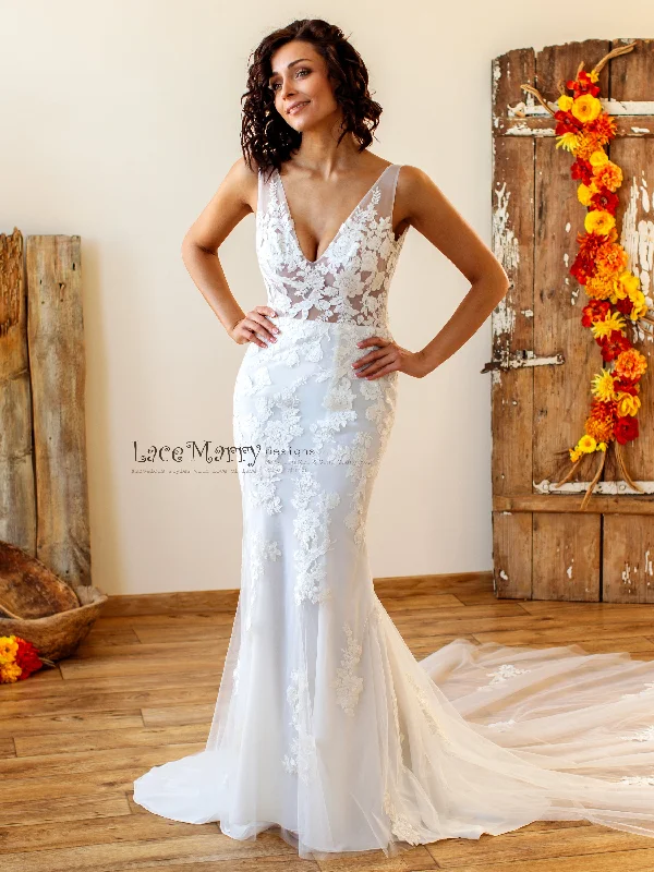 Illusion Boho Wedding Dress with Floral Lace Applique