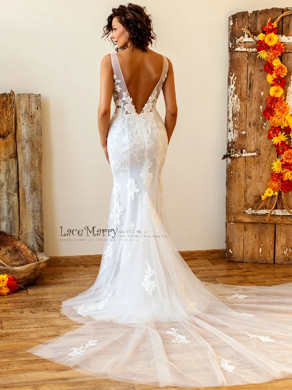 Illusion Boho Wedding Dress with Floral Lace Applique