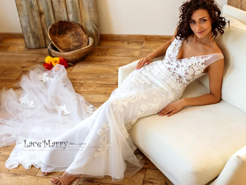 Illusion Boho Wedding Dress with Floral Lace Applique