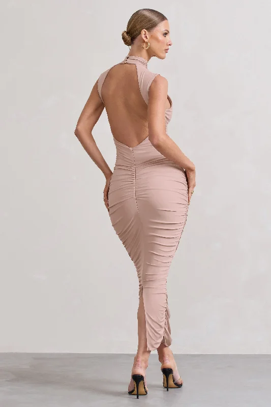 Jaded | Champagne Bodycon Ruched High-Neck Open-Back Maxi Dress