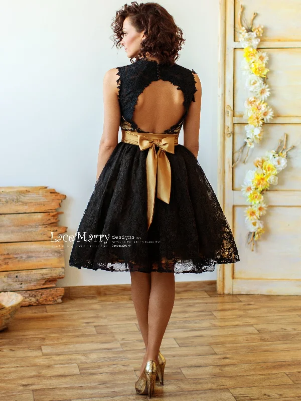 Knee Length Black Wedding Dress with Gold Underlay and Sash