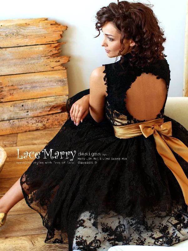 Knee Length Black Wedding Dress with Gold Underlay and Sash