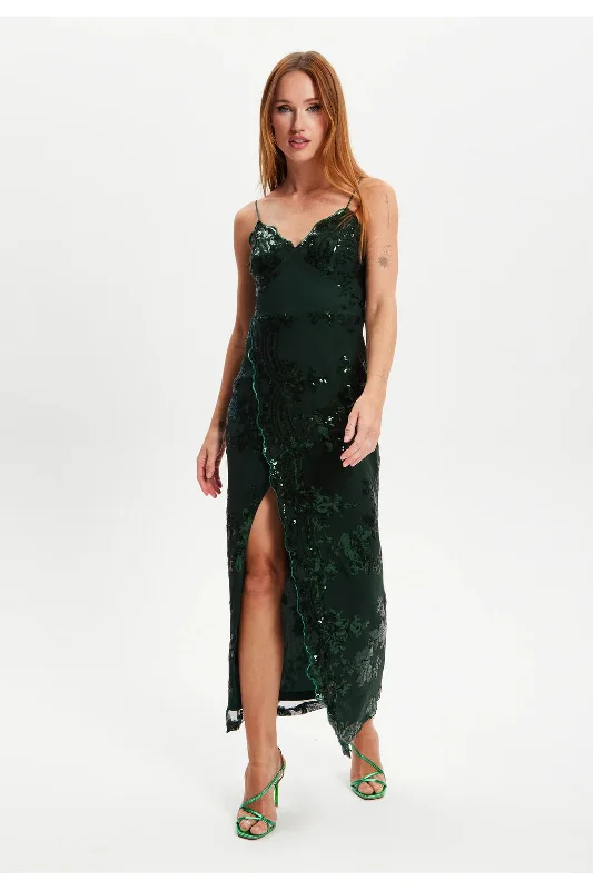 Liquorish Forest Green Sequin Maxi Dress With Long Slit