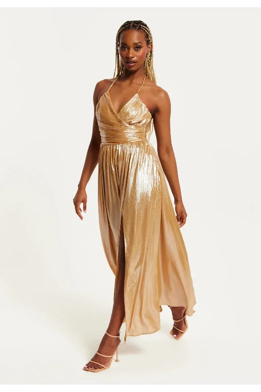 Liquorish Strapless Gold Foil Printed Jersey Maxi Dress