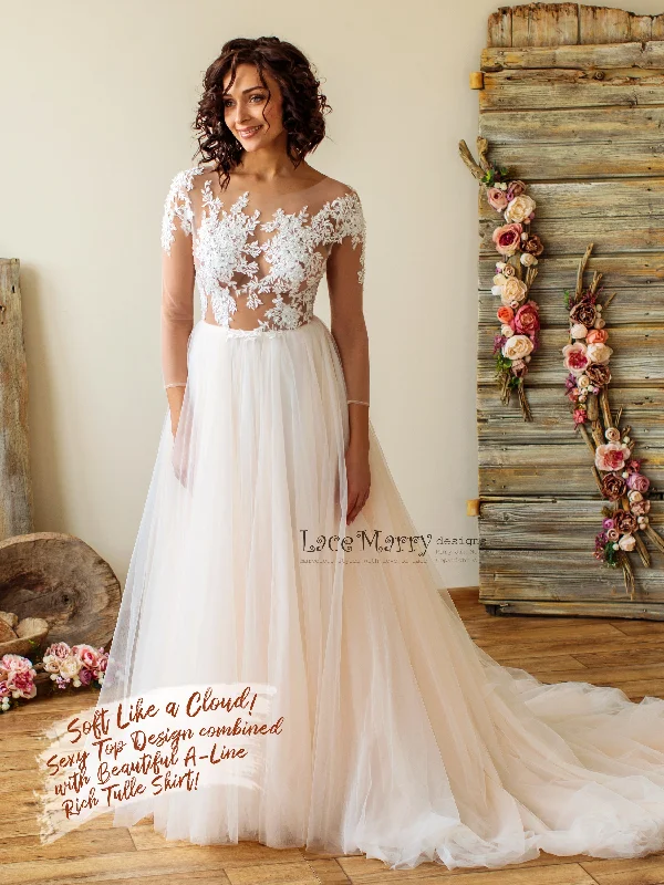 Long Sleeves Boho Wedding Dress with Tattoo Design