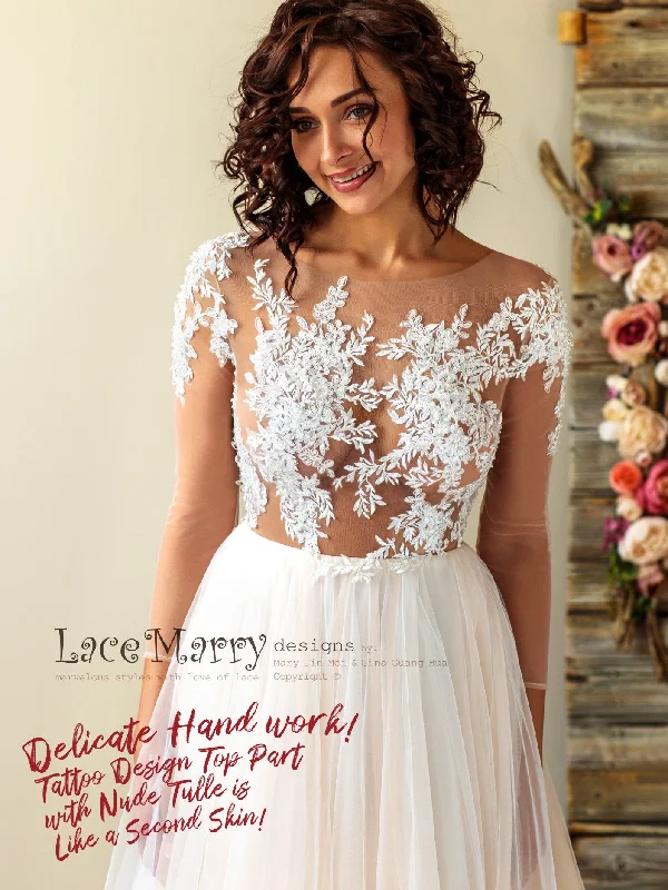 Long Sleeves Boho Wedding Dress with Tattoo Design