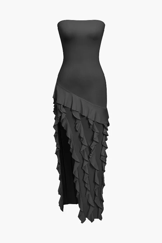 Solid Strapless Slit Ruffle Maxi Dress