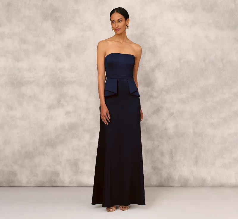 Mikado Strapless Gown With Peplum Sides In Navy