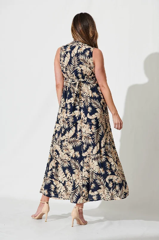 Moments Maxi Dress In Navy Leaf Print