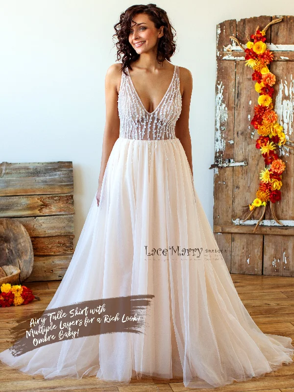 Nude Summer Wedding Dress with Beading