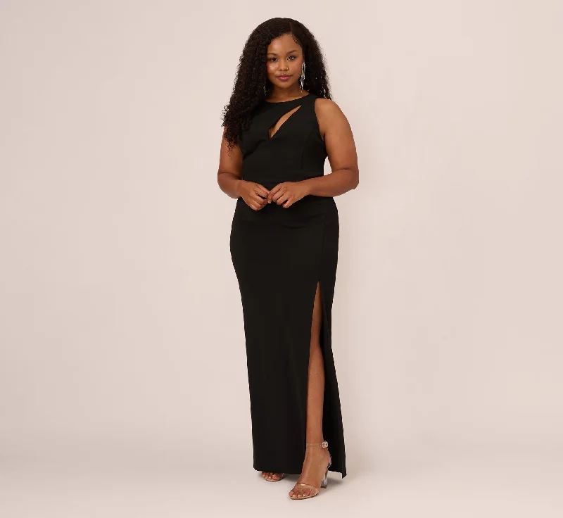 Plus Size Knit Crepe Sleeveless Column Gown With Cutout Neckline In Black