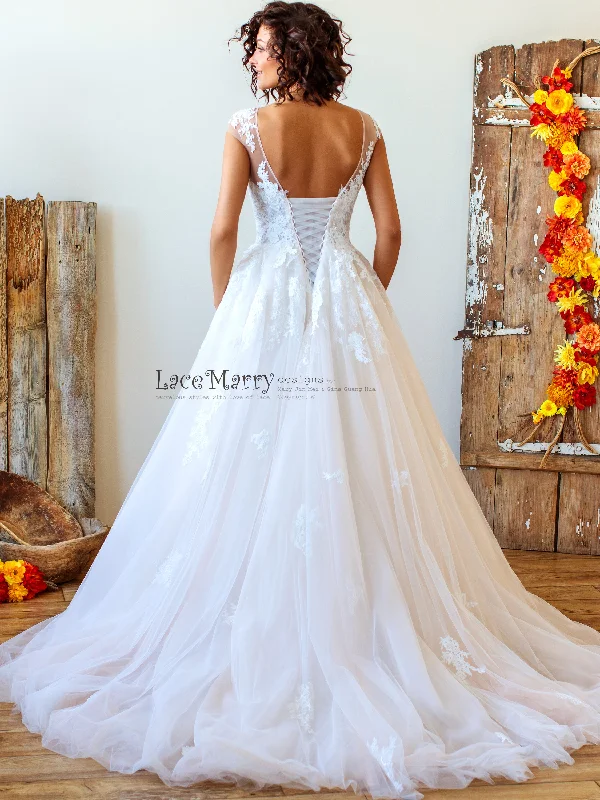 Princess Lace Wedding Dress with Ivory Floral Appliqués