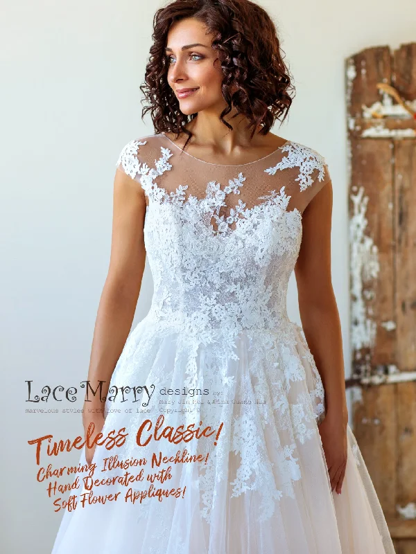 Princess Lace Wedding Dress with Ivory Floral Appliqués