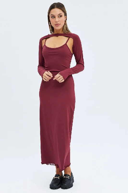 Red Shrug & Dress Set Long Sleeve Maxi Bodycon Jersey