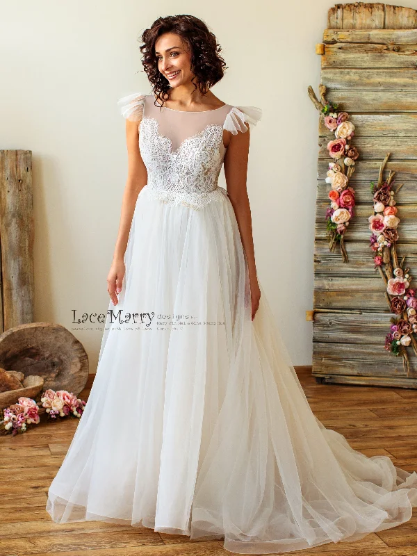 Romantic Boho Wedding Dress with Scalloped Lace Top