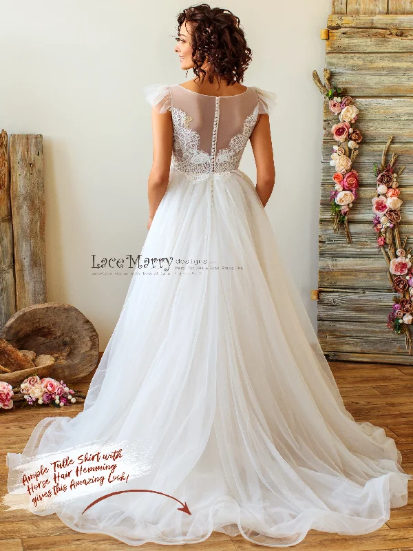 Romantic Boho Wedding Dress with Scalloped Lace Top