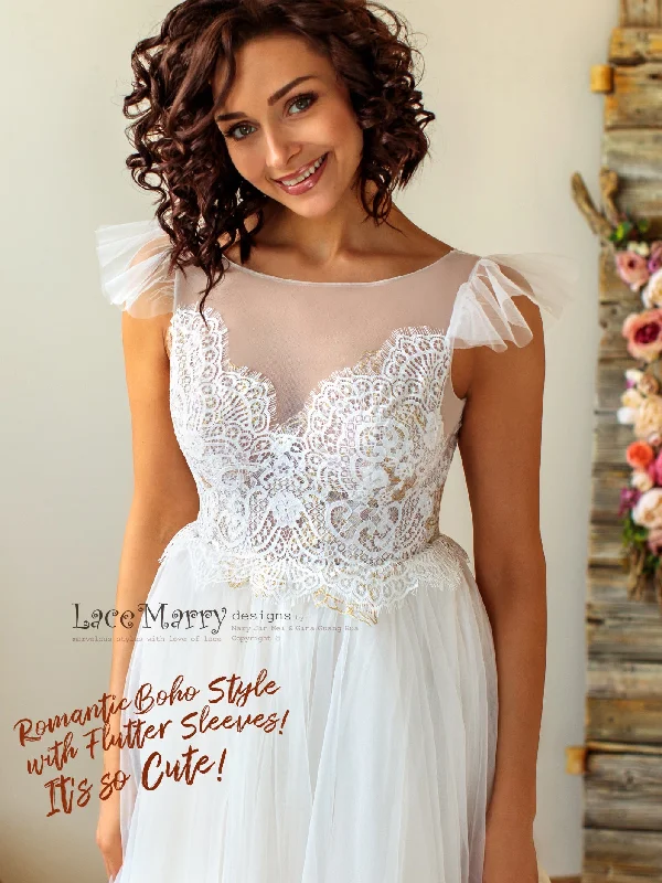 Romantic Boho Wedding Dress with Scalloped Lace Top